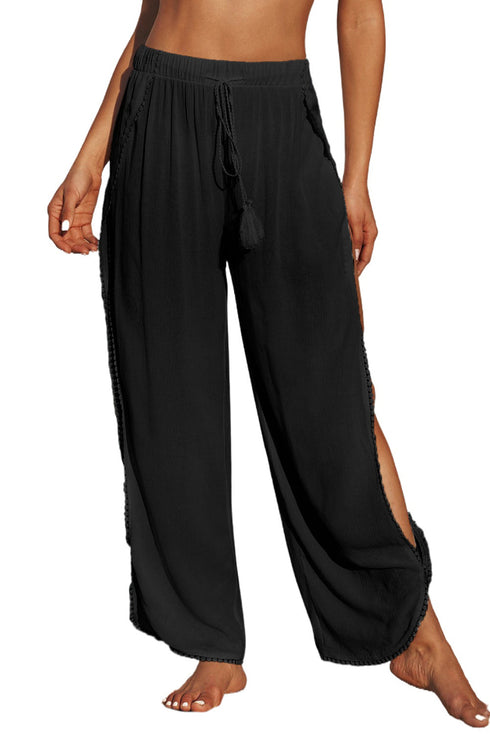 Black Lace Trim Along Split Leg Beach Cover Up Pants